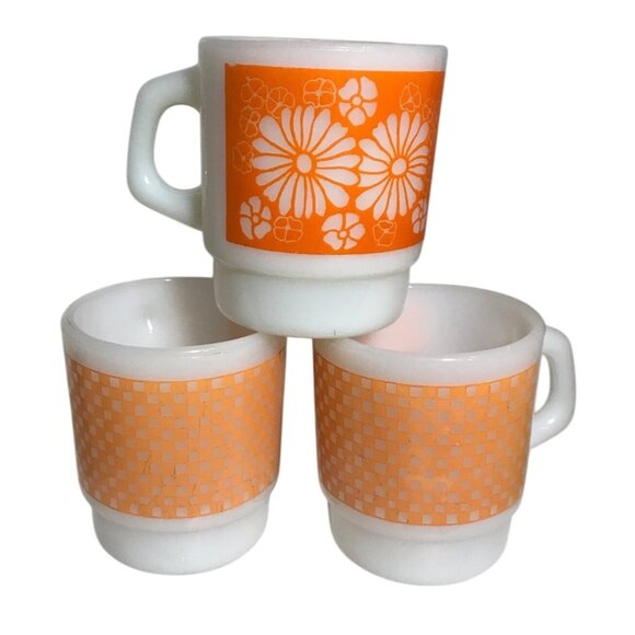 Fire King Mugs Vtg Anchor Hocking Orange White Pattern Milk Glass Set Of 3 USA - Picture 1 of 16